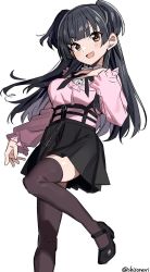 Rule 34 | 1girl, belt, black hair, black skirt, black thighhighs, blouse, blunt bangs, brown eyes, foot out of frame, hand on own chest, high-waist skirt, highres, idolmaster, idolmaster shiny colors, long hair, long sleeves, looking at viewer, mayuzumi fuyuko, open mouth, pink shirt, shirt, shisoneri, simple background, skirt, smile, solo, standing, standing on one leg, thighhighs, two side up, white background, zettai ryouiki