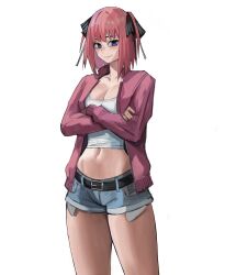 Rule 34 | 1girl, absurdres, belt, black belt, blue eyes, blue shorts, breasts, cleavage, closed mouth, collarbone, commission, crop top, crossed arms, denim, denim shorts, go-toubun no hanayome, highres, jacket, large breasts, looking at viewer, micro shorts, nakano nino, navel, pink hair, pink jacket, short hair, shorts, simple background, solo, tefi blum, white background