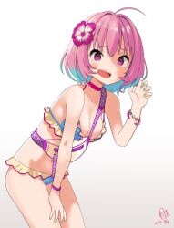 Rule 34 | 1girl, ahoge, bikini, blue bikini, blue hair, blush, bracelet, breasts, choker, dated, dot nose, fanny pack, flower, frilled bikini, frills, from side, gradient background, green nails, hair intakes, hand on own leg, hand up, hibiscus, highres, idolmaster, idolmaster cinderella girls, idolmaster cinderella girls starlight stage, illust audio, jewelry, large breasts, looking at viewer, multicolored hair, nail polish, open mouth, pink choker, pink eyes, pink flower, pink hair, purple bracelet, short hair, signature, simple background, solo, swimsuit, teeth, two-tone hair, upper teeth only, white background, yumemi riamu