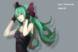 Rule 34 | 1girl, bad id, bad pixiv id, bare shoulders, butterfly wings, dress, flower, green eyes, green hair, hat, hatsune miku, headphones, insect wings, magnet (vocaloid), matching hair/eyes, neco, rose, simple background, solo, twintails, upper body, vocaloid, wings