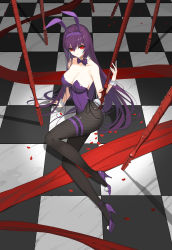 Rule 34 | 1girl, animal ears, checkered floor, collarbone, commentary request, detached collar, fake animal ears, fate/grand order, fate (series), fishnets, gae bolg (fate), high heels, highleg, highleg leotard, highres, leotard, long hair, looking at viewer, official alternate costume, pantyhose, petals, planted, planted spear, playboy bunny, polearm, purple hair, red eyes, rikui (rella2930), scathach (fate), scathach (piercing bunny) (fate), solo, spear, strapless, strapless leotard, thigh strap, weapon, wrist cuffs
