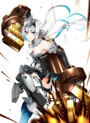 Rule 34 | 1girl, architect (frame arms girl), bare shoulders, black gloves, black leotard, black skirt, black thighhighs, blue eyes, blue hair, breasts, colored inner hair, doko tetora, elbow gloves, frame arms girl, gloves, grey hair, highres, leotard, medium breasts, multicolored hair, oversized forearms, oversized limbs, parted lips, punching, skirt, solo, thighhighs, two-tone hair, white background