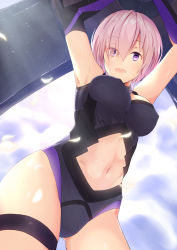 Rule 34 | 1girl, :d, absurdres, armpits, arms up, black leotard, breasts, clothing cutout, covered erect nipples, cowboy shot, elbow gloves, fate/grand order, fate (series), from below, gloves, hair between eyes, highres, large breasts, leotard, looking at viewer, mash kyrielight, midriff, navel, navel cutout, open mouth, petals, pink hair, purple eyes, short hair, smile, solo, standing, stomach, thigh strap, yorubeni