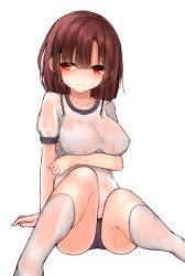 Rule 34 | 1girl, blush, breasts, brown hair, buruma, character request, gym uniform, hair ornament, hairband, hand on own chest, kneehighs, looking away, md5 mismatch, mizushina minato, no bra, red eyes, resized, resolution mismatch, school uniform, see-through, shirt, short hair, short sleeves, simple background, sitting, socks, solo, source larger, underwear, wet, wet clothes, wet shirt, white background, white socks