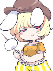 Rule 34 | 1girl, animal ears, blonde hair, blush stickers, brown hat, cabbie hat, chahan (fried rice0614), closed mouth, dango, floppy ears, food, hat, highres, holding, one-hour drawing challenge, orange shirt, rabbit ears, red eyes, ringo (touhou), shirt, short hair, short sleeves, shorts, simple background, solo, striped clothes, striped shorts, touhou, vertical-striped clothes, vertical-striped shorts, wagashi, white background, yellow shirt