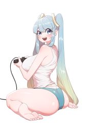 Rule 34 | 1girl, aqua hair, ass, bare shoulders, blonde hair, blue eyes, blush, breasts, controller, feet, gradient hair, highres, huge ass, huge breasts, large breasts, league of legends, long hair, multicolored hair, shirt, sitting, sleeveless, smile, solo, sona (league of legends), tank top, thick thighs, thighs, twintails, very long hair, wariza, white background, white shirt, yabby