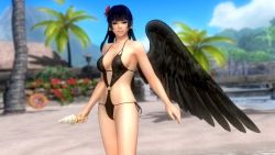 Rule 34 | 1girl, 3d, beach, black hair, breasts, dead or alive, dead or alive 5, food, ice cream, large breasts, long hair, nyotengu, official art, solo, swimsuit, tecmo, wings