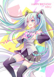 Rule 34 | 1girl, aqua eyes, aqua hair, character name, detached sleeves, happy birthday, hatsune miku, heart, heart hands, heart on chest, long hair, necktie, ouu min, skirt, solo, thighhighs, twintails, very long hair, vocaloid
