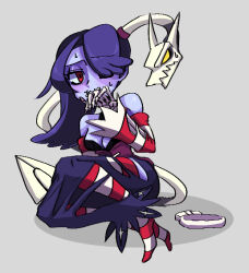 Rule 34 | 1girl, blue hair, blue skin, blush, bra, colored skin, detached sleeves, dress, grey background, hair down, hair over one eye, kyouhei hei, sitting, skeletal arm, skullgirls, solo, squigly (skullgirls), stitched mouth, stitches, striped clothes, striped sleeves, striped thighhighs, sweat, thighhighs, torn clothes, torn dress, underwear, zombie
