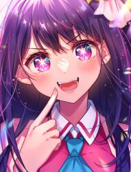 Rule 34 | &gt;:), 1girl, :d, absurdres, bare shoulders, blue necktie, blush, chromatic aberration, close-up, collar, double-parted bangs, eyelashes, fang, fingernails, hair between eyes, hair ribbon, hair spread out, head tilt, highres, hoshino ai (oshi no ko), index finger raised, light particles, long hair, looking at viewer, necktie, open mouth, oshi no ko, pink shirt, purple eyes, purple hair, ribbon, shirt, smile, solo, star-shaped pupils, star (symbol), straight-on, symbol-shaped pupils, teeth, umishima rinta, v-shaped eyebrows, white collar, white ribbon