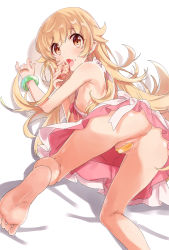 Rule 34 | 1girl, absurdres, all fours, anus, ass, ata (tsumari), bakemonogatari, bandaid, bandaid on pussy, bare legs, bare shoulders, barefoot, blonde hair, breasts, brown eyes, commentary, dress, eating, fang, feet, food, food on face, from behind, highres, kneepits, long hair, looking at viewer, looking back, monogatari (series), no panties, open mouth, oshino shinobu, pink dress, pussy, simple background, skin fang, small breasts, soles, solo, very long hair, white background