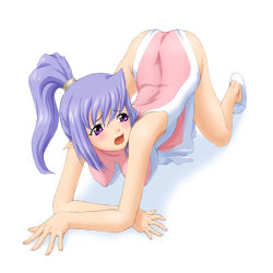Rule 34 | 1girl, all fours, ass, bent over, blue hair, blush, breasts, elf, covered erect nipples, hanging breasts, j ichirou, large breasts, long hair, pointy ears, ponytail, purple eyes, solo, top-down bottom-up