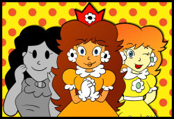 Rule 34 | 3girls, anniversary, breasts, brown hair, crown, dress, gloves, grin, happy birthday, long hair, looking at viewer, mario (series), mario open golf, medium breasts, multiple girls, nintendo, one eye closed, orange dress, princess daisy, puffy short sleeves, puffy sleeves, retro, short hair, short sleeves, smile, standing, super mario land, tomboy, tongue, tongue out, wink