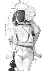 1boy 1girl bare_arms bare_legs bare_shoulders bikini blue_archive blush breasts broccoli_(broccoli2626) cleavage collarbone covered_erect_nipples doodle_sensei_(blue_archive) greyscale hair_over_one_eye halo heart highres hinata_(blue_archive) hinata_(swimsuit)_(blue_archive) huge_breasts long_hair molestation monochrome nipple_stimulation official_alternate_costume one-piece_swimsuit open_mouth sensei_(blue_archive) signature simple_background speech_bubble swimsuit very_long_hair white_background