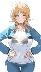 Rule 34 | 1girl, ;), absurdres, ahoge, black bra, blonde hair, blush, bra, bra visible through clothes, breasts, hachimiya meguru, hands on own hips, highres, idolmaster, idolmaster shiny colors, jacket, large breasts, looking at viewer, one eye closed, pants, pdal (pdalhhh), shirt, simple background, smile, solo, sweat, sweaty clothes, track jacket, track pants, twintails, underwear, white background, white shirt