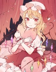 Rule 34 | 1girl, bed, blonde hair, bow, closed mouth, crystal, curtains, dress, dress bow, flandre scarlet, floor, hat, hat ribbon, heart, highres, jewelry, looking at viewer, mob cap, mozukuzu (manukedori), multicolored wings, nail polish, on bed, one side up, pillow, puffy short sleeves, puffy sleeves, red bow, red curtains, red dress, red eyes, red nails, red ribbon, ribbon, seiza, shirt, short hair, short sleeves, sitting, solo, tears, touhou, white bow, white hat, white shirt, white sleeves, wings, wrist cuffs