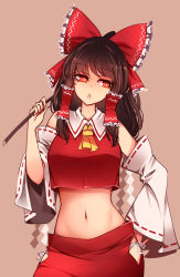 Rule 34 | 1girl, bow, brown hair, detached sleeves, hair bow, hair tubes, hakurei reimu, highres, long hair, midriff, nontraditional miko, raptor7, red bow, red eyes, red shirt, red skirt, ribbon-trimmed sleeves, ribbon trim, shirt, sidelocks, skirt, skirt set, sleeveless, solo, touhou