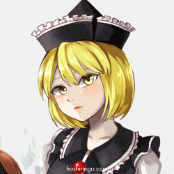 Rule 34 | 1girl, black hat, black vest, blonde hair, blouse, blush, buttons, close-up, closed mouth, collarbone, collared vest, commentary request, crescent, floating, floating object, hat, hoshiringo0902, instrument, lips, long sleeves, lunasa prismriver, pointy hat, shirt, short hair, simple background, smile, solo, touhou, vest, violin, white background, white shirt, yellow eyes