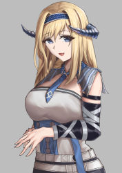 Rule 34 | 1girl, :d, absurdres, arknights, bare shoulders, beiwang, blonde hair, blue eyes, blue hairband, blue necktie, breasts, detached sleeves, grey background, hairband, highres, horns, large breasts, long hair, long sleeves, looking at viewer, necktie, open mouth, saileach (arknights), simple background, smile, solo, strapless, tube top, upper body