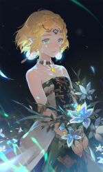 Rule 34 | 1girl, armlet, bare shoulders, black dress, blonde hair, blue flower, braid, breasts, circlet, cleavage, crown braid, dress, earrings, flower, glowing, green eyes, green tabard, grey dress, hair ornament, highres, jewelry, looking at viewer, magatama, magatama necklace, medium breasts, multicolored background, necklace, nintendo, parted bangs, pointy ears, princess zelda, revision, short hair, silent princess, solo, spoilers, standing, strapless, strapless dress, tabard, tears, the legend of zelda, the legend of zelda: tears of the kingdom, uoongpig
