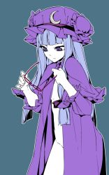 Rule 34 | 1girl, blue background, blue hair, cape, crescent, crescent hair ornament, glasses, hair ornament, hat, long skirt, naked cape, naked robe, no panties, patchouli knowledge, purple eyes, red-framed eyewear, robe, sash, skirt, solo, thupoppo, touhou