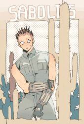 Rule 34 | 1boy, bara, blonde hair, cactus, colored tips, cropped legs, dorohedoro, facial mark, gonta (yu37av), highres, leaning to the side, male focus, multicolored hair, no eyebrows, pants, pectorals, risu (dorohedoro), shirt, sideways glance, sleeveless, sleeveless shirt, solo, toned, toned male