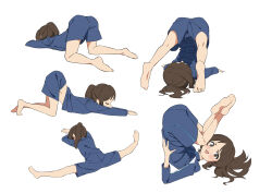 Rule 34 | 1girl, absurdres, ass, bare legs, barefoot, blue jacket, blue pants, blush, brown eyes, brown hair, commentary request, embarrassed, full body, hands on own hips, highres, idolmaster, idolmaster cinderella girls, idolmaster cinderella girls u149, jacket, kneepits, legs up, long hair, long sleeves, looking at viewer, midriff, multiple views, nose blush, open mouth, pants, papiyon1297, plantar flexion, shoulderstand, simple background, soles, split, stretching, tachibana arisu, top-down bottom-up, track jacket, track pants, v-shaped eyebrows, white background