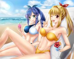 Rule 34 | 00s, 2girls, armpits, bandeau, bare shoulders, beach, bikini, blonde hair, blue hair, blush, breasts, brown eyes, chair, cleavage, cloud, cocktail, criss-cross halter, day, drill hair, drink, drinking straw, female focus, glass, green eyes, halterneck, happy, holding, large breasts, leg up, legs, lens flare, long hair, looking at viewer, lounge chair, marin (marine-sky-earth), marin (umi monogatari), midriff, mole, multiple girls, navel, one eye closed, open mouth, ponytail, sand, sitting, sky, smile, strapless, strapless bikini, swimsuit, tamagokun no imouto, tube top, twin drills, umi monogatari, v, warin, water, wink