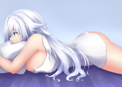 Rule 34 | 1girl, black heart (neptunia), blue eyes, breasts, highres, katade, large breasts, long hair, looking at viewer, lying, neptune (series), on bed, on stomach, power symbol, power symbol-shaped pupils, profile, solo, symbol-shaped pupils, towel, very long hair, white hair
