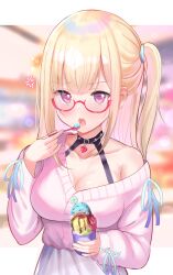 Rule 34 | 1girl, absurdres, bare shoulders, blonde hair, breasts, cleavage, cup, food, glasses, hair between eyes, highres, holding, holding spoon, ice cream, long hair, long sleeves, medium breasts, moleshi, off shoulder, open mouth, original, pink eyes, pink sweater, solo, spoon, sweater