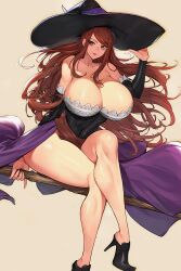 Rule 34 | 1girl, bare shoulders, black footwear, black hat, breasts, brown background, brown eyes, brown hair, cleavage, closed mouth, collarbone, commentary request, crossed legs, dragon&#039;s crown, gurimjang, hat, highres, huge breasts, legs, lips, long hair, looking at viewer, shoes, simple background, sitting, smile, solo, sorceress (dragon&#039;s crown), thighs, witch hat