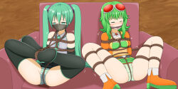 Rule 34 | 2girls, aqua eyes, aqua hair, aqua necktie, artist name, bare shoulders, bdsm, black footwear, black skirt, black sleeves, bondage, boots, bound, breasts, cleavage, closed eyes, collared shirt, couch, crop top, crossed legs, defeated expression, detached sleeves, drooling, floating hair, goggles, goggles on head, green eyes, green hair, green nails, green panties, green shirt, green skirt, gumi, hair ornament, hatsune miku, high heels, indoors, jacket, large breasts, long hair, long sleeves, looking at viewer, medium breasts, midriff, miniskirt, mouth drool, multiple girls, nail polish, navel, necktie, nijirogirls, orange jacket, orange thighhighs, panties, red-tinted eyewear, rope, shirt, short hair, short hair with long locks, shoulder tattoo, sitting, skirt, sleeveless, sleeveless shirt, smile, striped clothes, striped panties, suspender skirt, suspenders, tattoo, thigh boots, thighhighs, tinted eyewear, twintails, underboob, underwear, upskirt, very long hair, vocaloid, white shirt, zettai ryouiki