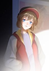 Rule 34 | 1girl, absurdres, black hat, blue eyes, bob cut, brown hair, closed mouth, haibara ai, hands in pockets, hat, head tilt, highres, jacket, light particles, long sleeves, looking at viewer, meitantei conan, open clothes, open jacket, red jacket, short hair, smile, solo, upper body, yanzihuishi458