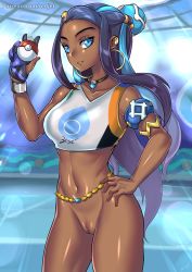 Rule 34 | 1girl, artist name, black hair, blue eyes, blue gloves, blue hair, bottomless, breasts, cleft of venus, cowboy shot, creatures (company), dark-skinned female, dark skin, earrings, female focus, game freak, gloves, hoop earrings, jewelry, long hair, looking at viewer, multicolored hair, navel, necklace, nessa (pokemon), nintendo, open mouth, pokemon, pokemon swsh, pussy, redjet, solo, streaked hair, third-party edit, uncensored, very long hair