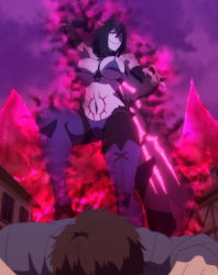 Rule 34 | 1boy, 1girl, absurdres, aura, bikini, black hair, breasts, chaos machina, cleavage, curvy, demon girl, glowing, highres, horns, kono yuusha ga ore tueee kuse ni shinchou sugiru, large breasts, navel, red eyes, screencap, smile, standing, stitched, swimsuit, sword, tail, thick thighs, thighs, third-party edit, underboob, weapon, wide hips
