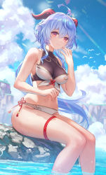 Rule 34 | 1girl, absurdres, ahoge, anbe yoshirou, animal, artist name, bare arms, bare shoulders, bikini, bikini day, bird, blue hair, blue sky, breasts, closed mouth, cloud, cloudy sky, commentary request, covered collarbone, day, fingernails, ganyu (genshin impact), genshin impact, gold trim, hand up, highleg, highleg bikini, highres, horns, light smile, long hair, looking at viewer, low ponytail, medium breasts, navel, outdoors, rock, seagull, signature, simple background, sitting, sky, solo, stomach, sunlight, swimsuit, thigh strap, thighs, water, water drop, wet