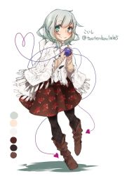 Rule 34 | 1girl, alternate costume, black pantyhose, blush, boots, color guide, contemporary, cross-laced footwear, eyeball, fishnets, floral print, full body, green eyes, green hair, heart, heart of string, komeiji koishi, lace-up boots, long sleeves, looking at viewer, matching hair/eyes, no headwear, pantyhose, poncho, short hair, simple background, skirt, smile, solo, string, third eye, touhou, toutenkou, twitter username, white background