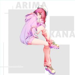 Rule 34 | 1girl, arima kana, beret, bob cut, full body, grey background, hat, highres, hood, hoodie, inverted bob, lilac10, looking at viewer, open clothes, open mouth, orange socks, oshi no ko, purple hoodie, red eyes, red hair, shoes, short hair, simple background, sitting, socks, white headwear