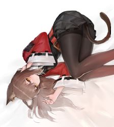 Rule 34 | 1girl, animal ear fluff, animal ears, arknights, bad id, bad pixiv id, belt, belt buckle, black jacket, black neckwear, black pantyhose, black skirt, blush, breasts, brown eyes, brown hair, buckle, cat ears, cat girl, cat tail, closed mouth, commentary request, dokomon, feet out of frame, hair between eyes, highres, jacket, korean commentary, long hair, long sleeves, looking at viewer, lying, on side, pantyhose, pleated skirt, red belt, skirt, skyfire (arknights), small breasts, smile, solo, tail, thighband pantyhose, white background, wide sleeves