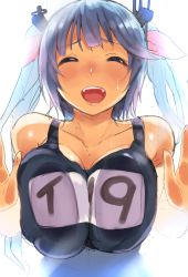 Rule 34 | 10s, 1girl, against glass, akagi asahito, blue hair, blush, breast press, breasts, breasts on glass, closed eyes, hair ribbon, highres, i-19 (kancolle), kantai collection, large breasts, long hair, name tag, one-piece swimsuit, open mouth, ribbon, school swimsuit, simple background, smile, solo, sweatdrop, swimsuit, twintails