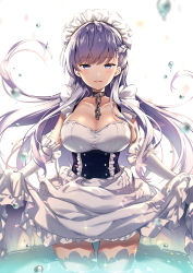 Rule 34 | 1girl, apron, azur lane, belfast (azur lane), blue eyes, blush, braid, breasts, chain, cleavage, clothes lift, collar, collarbone, commentary, commentary request, dress, dress lift, floating hair, french braid, frilled gloves, frills, gloves, hair between eyes, large breasts, light particles, long hair, looking at viewer, maid, maid headdress, open mouth, revision, riichu, sidelocks, silver hair, simple background, smile, solo, sparkle, standing, standing in water, thighhighs, thighs, very long hair, wading, water drop, white background, white gloves, white thighhighs