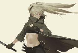 Rule 34 | 1girl, black bra, black gloves, black pants, bra, bright pupils, closed mouth, coat, cowboy shot, floating hair, gloves, gogalking, green coat, grey background, highres, holding, holding sword, holding weapon, long hair, long sleeves, looking at viewer, muted color, navel, open clothes, open coat, original, pants, ponytail, red eyes, shadow fang (gogalking), simple background, solo, sword, underwear, weapon, white hair, white pupils