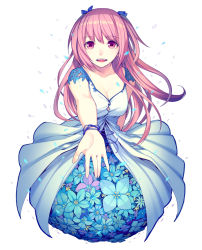 Rule 34 | 1girl, bad id, bad pixiv id, breasts, cleavage, dress, flower, hair flower, hair ornament, kimura daisuke, looking at viewer, open mouth, original, outstretched arm, petals, pink eyes, pink hair, smile, solo, two side up