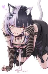 Rule 34 | 1girl, absurdres, animal ears, black choker, black dress, black hair, black nails, blush, breasts, cat ears, cat tail, choker, cleavage, dress, grey hair, hair ornament, heart, highres, hololive, hololive english, jewelry, lace, lace choker, long hair, looking at viewer, medium breasts, multicolored hair, ring, shiori novella, shiori novella (1st costume), smile, solo, split-color hair, spoken heart, tail, tomozoo83, tongue, tongue out, two-tone hair, virtual youtuber, yellow eyes