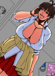 Rule 34 | 1girl, amaha masane, blush, breasts, brown hair, cellphone, dutch angle, covered erect nipples, highres, large breasts, no bra, papepox2, phone, smartphone, smile, witchblade