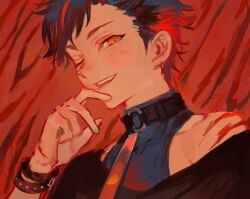 Rule 34 | 1boy, black hair, bracelet, choker, commentary request, ensemble stars!, hand up, jewelry, korean commentary, kuzuvine, long sleeves, looking at viewer, male focus, multicolored hair, nagumo tetora, one eye closed, open mouth, orange eyes, red background, red hair, short hair, solo, streaked hair, teeth, turtleneck, two-tone hair, upper body, upper teeth only