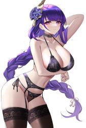 Rule 34 | 1girl, absurdres, arm behind head, arm under breasts, arm up, bare arms, bare shoulders, black bra, black choker, black panties, bra, braid, breasts, brown thighhighs, choker, cleavage, cowboy shot, eternity (shadeh), flower, from side, garter belt, genshin impact, hair flower, hair ornament, halterneck, highres, large breasts, lingerie, long hair, looking at viewer, low-braided long hair, low-tied long hair, mole, mole under eye, nail polish, navel, panties, parted lips, purple eyes, purple flower, purple hair, purple nails, raiden shogun, simple background, solo, standing, stomach, thighhighs, underwear, underwear only, very long hair, white background