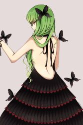 Rule 34 | 1girl, backless dress, backless outfit, black butterfly, black dress, black ribbon, bug, butterfly, butterfly hair ornament, c.c., code geass, cowboy shot, dress, from behind, green hair, grey background, hair ornament, hair over shoulder, halterneck, highres, insect, layered dress, long hair, looking at viewer, looking back, lucky keai, ribbon, simple background, sleeveless, sleeveless dress, solo, standing, very long hair, white ribbon, yellow eyes