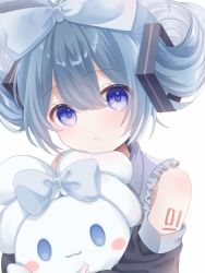 Rule 34 | 1girl, bare shoulders, blue bow, blue eyes, blue hair, blush, blush stickers, bow, cameo, character doll, cinnamiku, cinnamoroll, closed mouth, collared shirt, detached sleeves, ear bow, frills, grey shirt, hair bow, hatsune miku, highres, looking at viewer, number tattoo, pout, powapowa1559, sanrio, shirt, shoulder tattoo, simple background, solo, stuffed toy, tattoo, tied ears, updo, upper body, white background