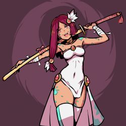 Rule 34 | 1girl, akairiot, arms up, bare shoulders, commentary, covered navel, cowboy shot, dress, earrings, english commentary, head tilt, highres, holding, holding sword, holding weapon, jewelry, long hair, looking at viewer, open mouth, original, pink eyes, purple hair, sheath, sheathed, smile, solo, sword, tassel, tassel earrings, thighhighs, weapon, white dress, white thighhighs